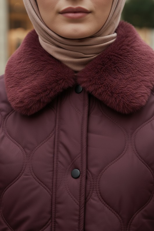 Yakası Kürklü Şişme Mont 5904 - KOYU BORDO