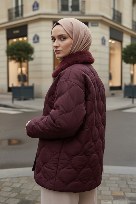 Yakası Kürklü Şişme Mont 5904 - KOYU BORDO