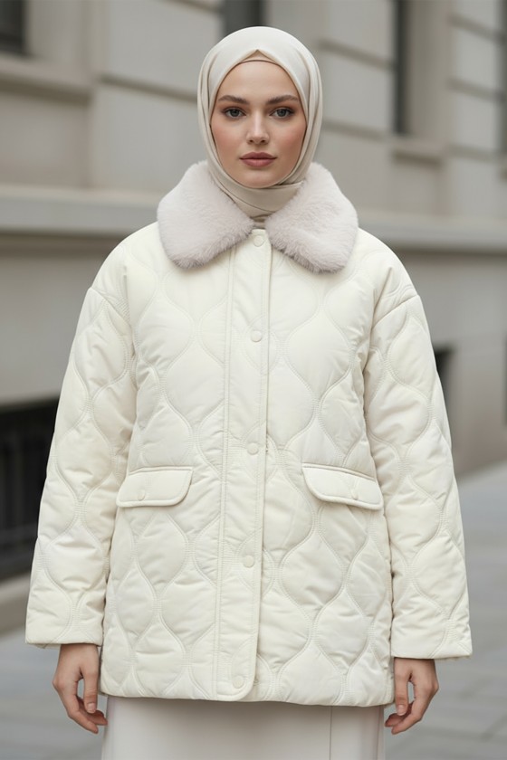 Yakası Kürklü Şişme Mont 5904 - KREM