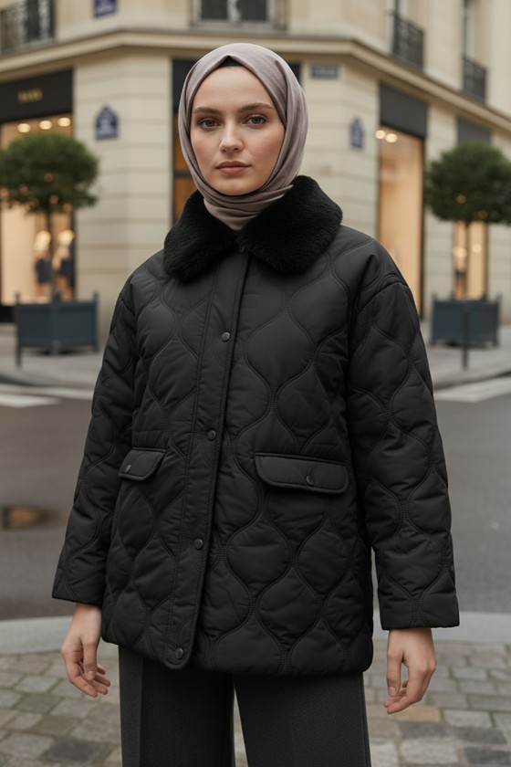 Yakası Kürklü Şişme Mont 5904 - SİYAH