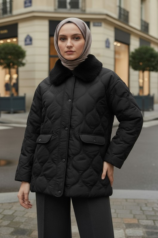 Yakası Kürklü Şişme Mont 5904 - SİYAH Yakası Kürklü Şişme Mont 5904 - SİYAH