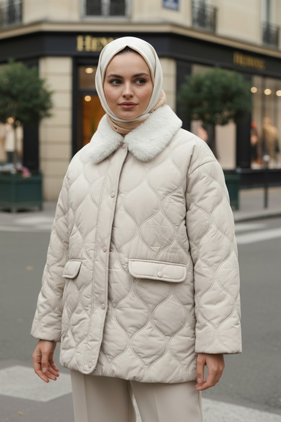 Yakası Kürklü Şişme Mont 5904 - TAŞ RENGİ