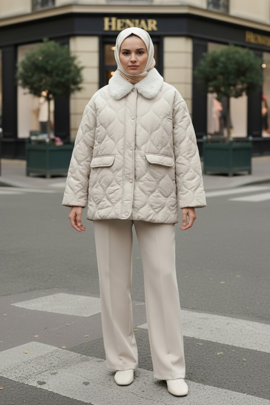 Yakası Kürklü Şişme Mont 5904 - TAŞ RENGİ