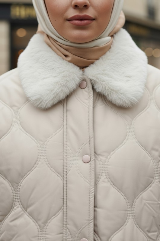 Yakası Kürklü Şişme Mont 5904 - TAŞ RENGİ