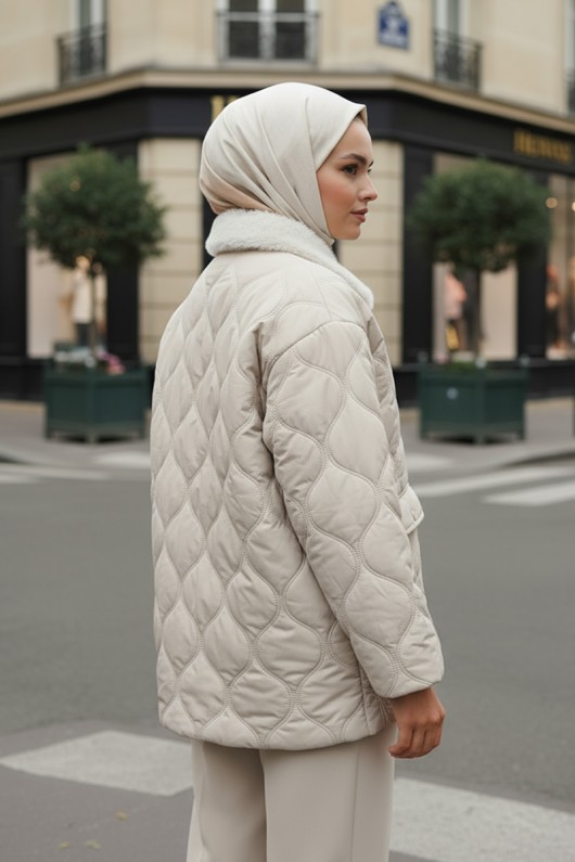 Yakası Kürklü Şişme Mont 5904 - TAŞ RENGİ