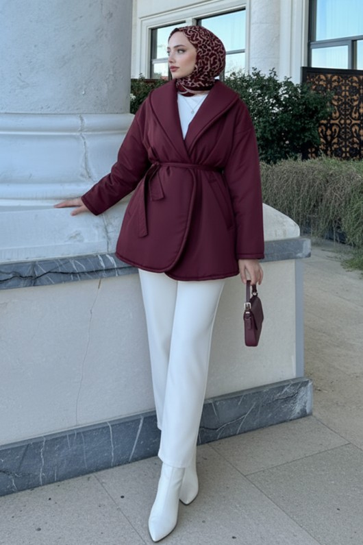 Düz Kuşaklı Şişme Mont 5912 - BORDO