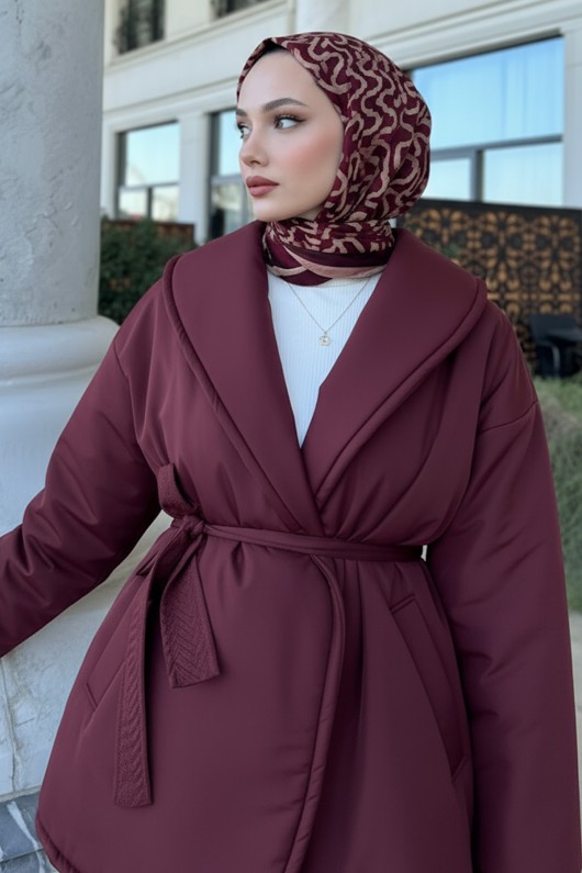 Düz Kuşaklı Şişme Mont 5912 - BORDO