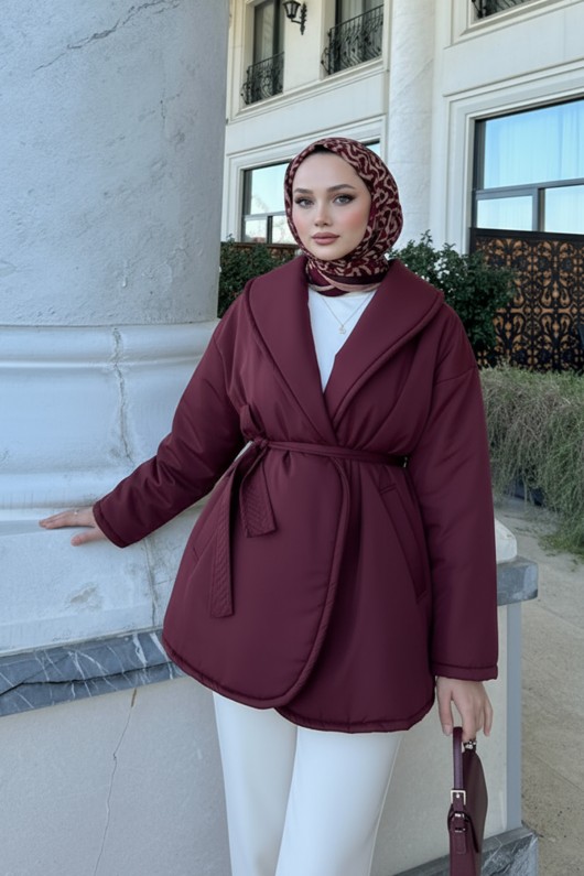 Düz Kuşaklı Şişme Mont 5912 - BORDO