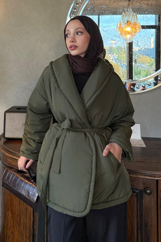 Düz Kuşaklı Şişme Mont 5912 - KOYU HAKİ