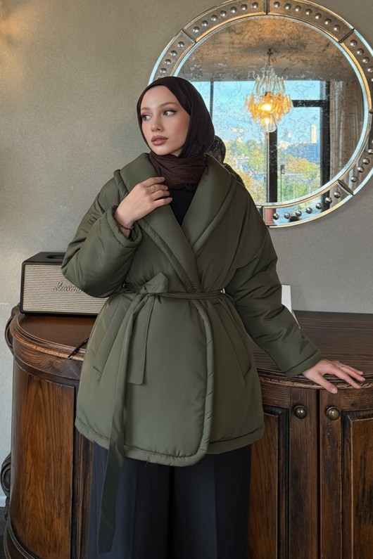 Düz Kuşaklı Şişme Mont 5912 - KOYU HAKİ