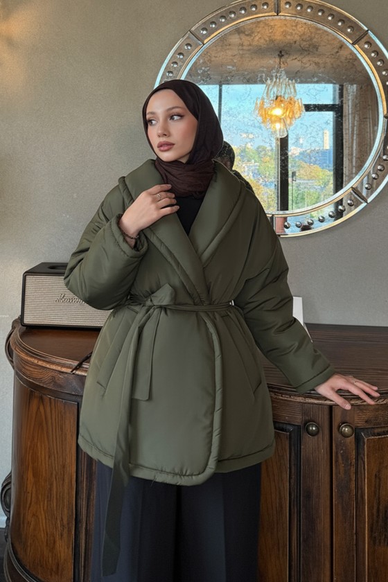 Düz Kuşaklı Şişme Mont 5912 - KOYU HAKİ