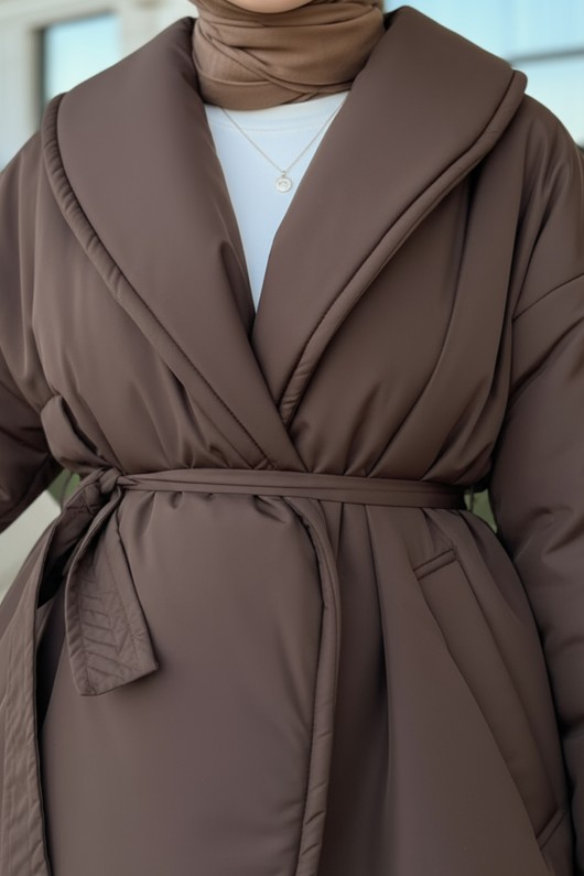 Düz Kuşaklı Şişme Mont 5912 - KAHVERENGİ