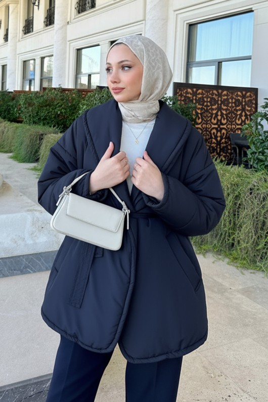 Düz Kuşaklı Şişme Mont 5912 - LACİVERT