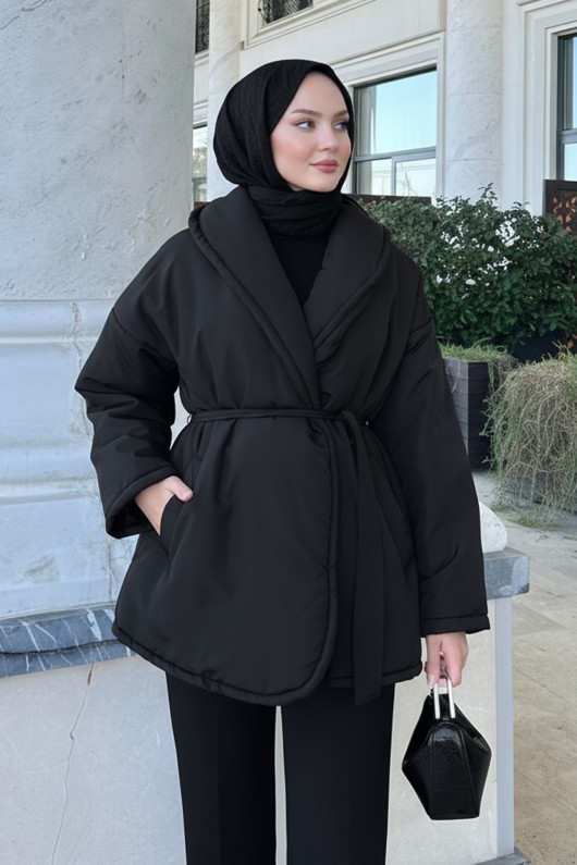 Düz Kuşaklı Şişme Mont 5912 - SİYAH