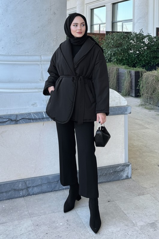 Düz Kuşaklı Şişme Mont 5912 - SİYAH