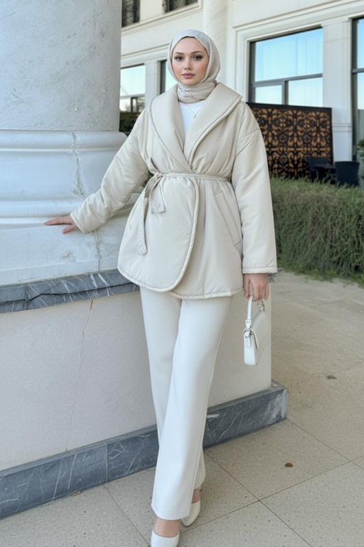 Düz Kuşaklı Şişme Mont 5912 - TAŞ RENGİ