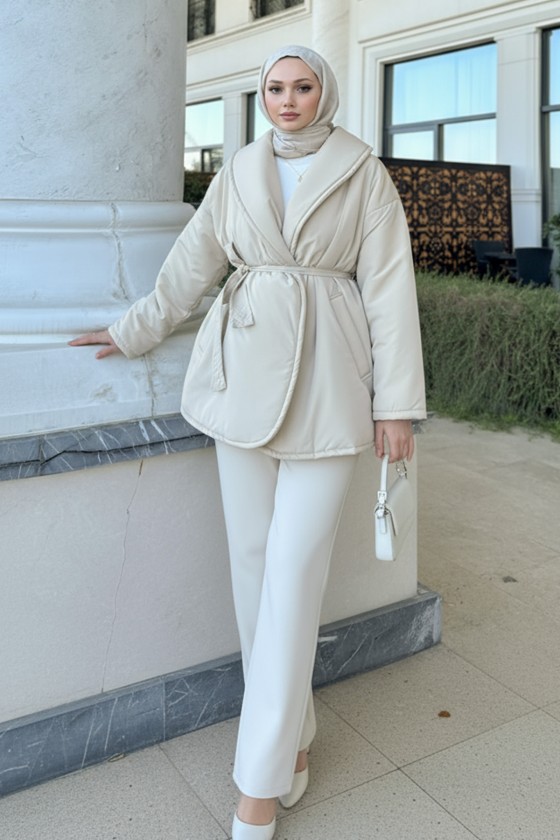 Düz Kuşaklı Şişme Mont 5912 - TAŞ RENGİ