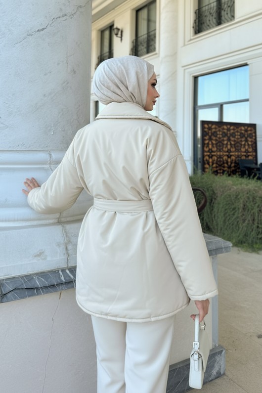 Düz Kuşaklı Şişme Mont 5912 - TAŞ RENGİ