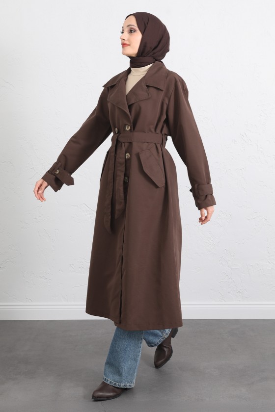 Arka Pile ve Düğme Detaylı Trençkot 5979 - KAHVERENGİ
