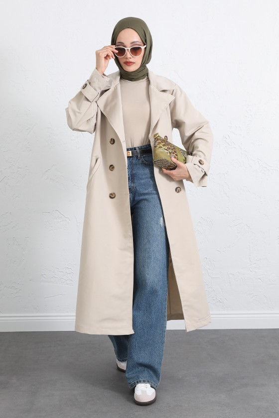 Arka Pile ve Düğme Detaylı Trençkot 5979 - TAŞ RENGİ