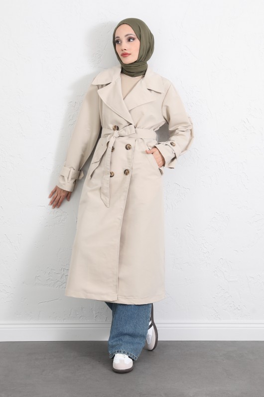 Arka Pile ve Düğme Detaylı Trençkot 5979 - TAŞ RENGİ