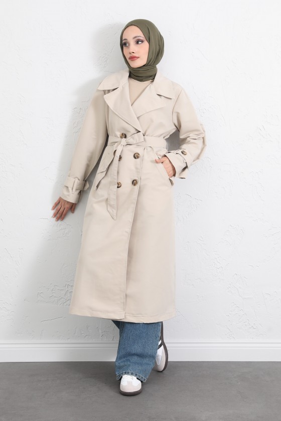 Arka Pile ve Düğme Detaylı Trençkot 5979 - TAŞ RENGİ