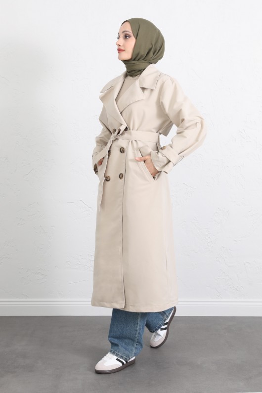 Arka Pile ve Düğme Detaylı Trençkot 5979 - TAŞ RENGİ