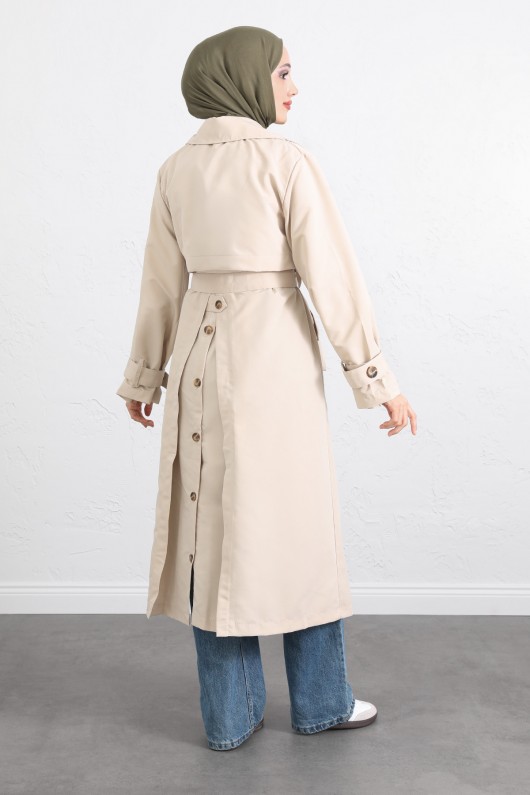 Arka Pile ve Düğme Detaylı Trençkot 5979 - TAŞ RENGİ