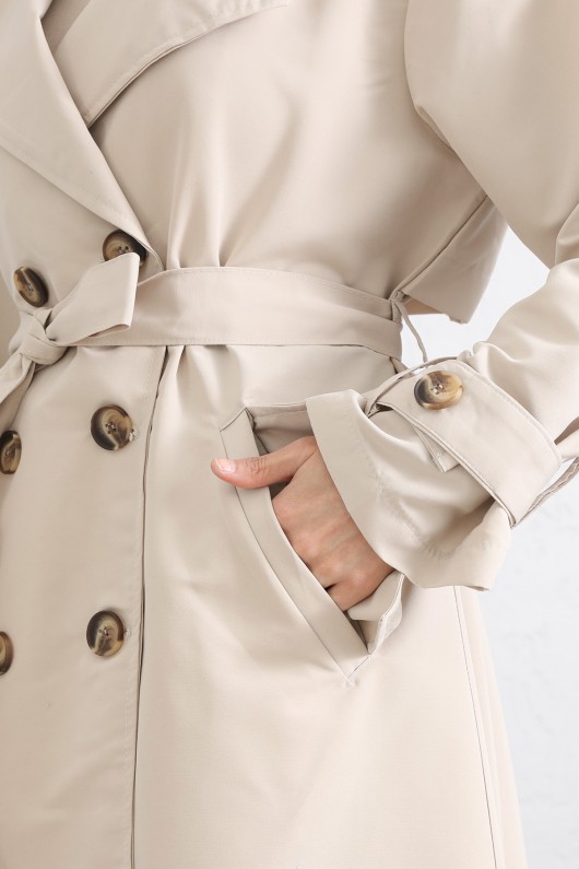 Arka Pile ve Düğme Detaylı Trençkot 5979 - TAŞ RENGİ