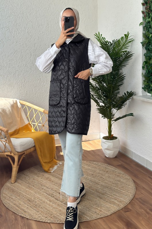 6001 Çift Cepli Kapitone Yelek - SİYAH