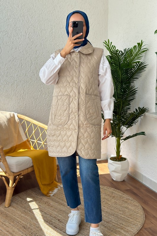 6001 Çift Cepli Kapitone Yelek - TAŞ RENGİ