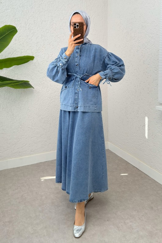 Bağcıklı Denim Etek Takım 6090 - MAVİ