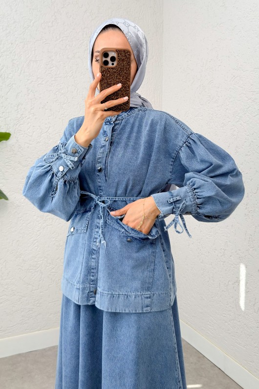 Bağcıklı Denim Etek Takım 6090 - MAVİ