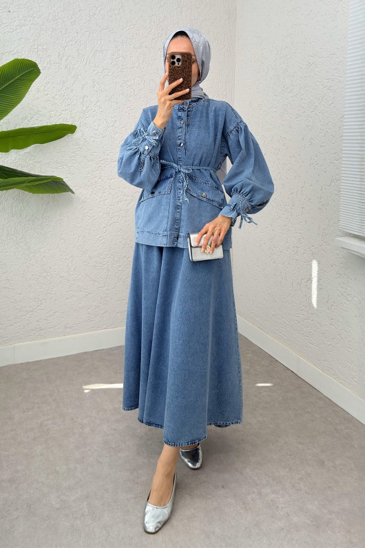 Bağcıklı Denim Etek Takım 6090 - MAVİ
