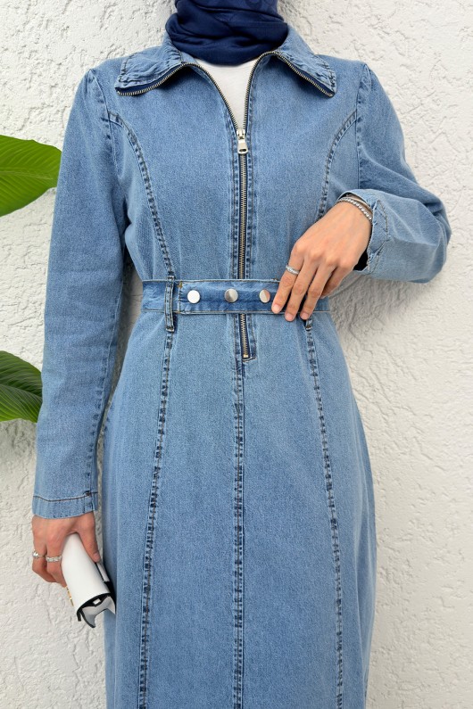 Yarım Fermuarlı Kot Elbise 6101 - MAVİ