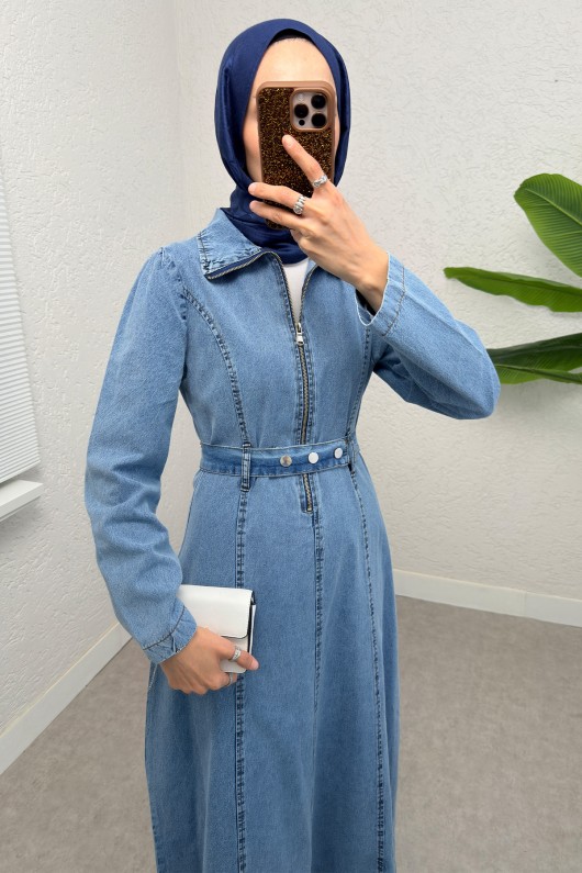 Yarım Fermuarlı Kot Elbise 6101 - MAVİ