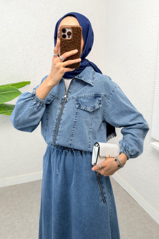 Denim Ceket Etek Takım 6119 - MAVİ