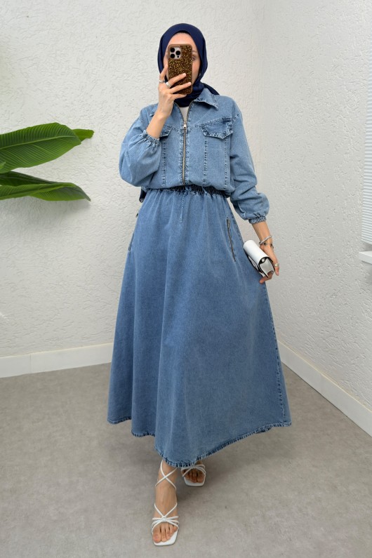 Denim Ceket Etek Takım 6119 - MAVİ