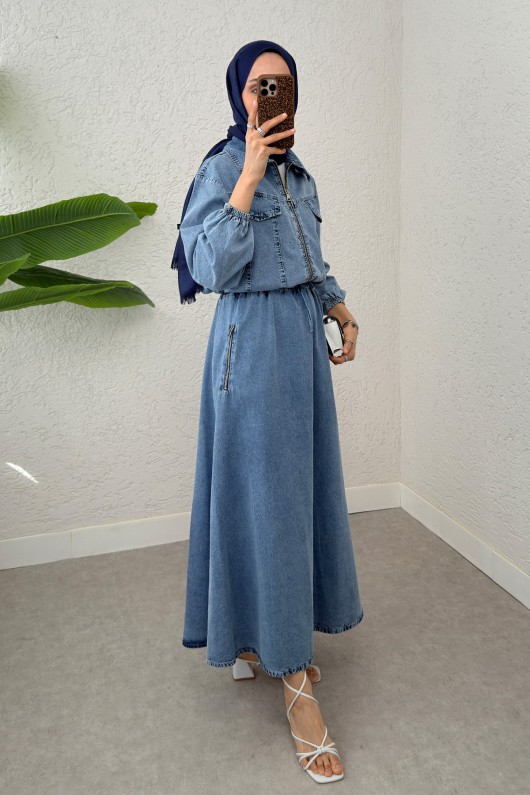 Denim Ceket Etek Takım 6119 - MAVİ