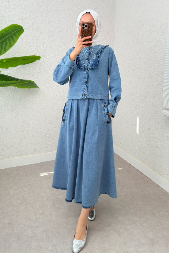 Fırfırlı Denim Etekli Takım 6120 - MAVİ