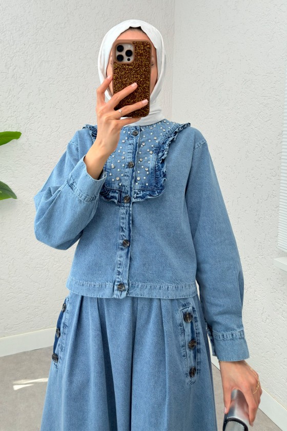 Fırfırlı Denim Etekli Takım 6120 - MAVİ