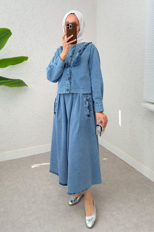 Fırfırlı Denim Etekli Takım 6120 - MAVİ Fırfırlı Denim Etekli Takım 6120 - MAVİ
