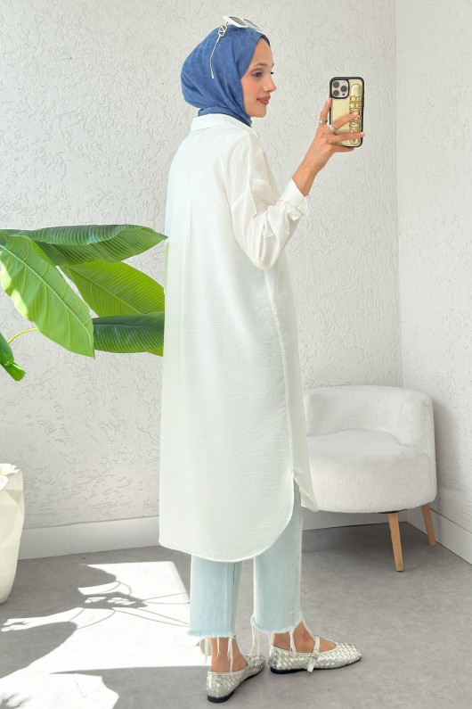 Düğmeli Uzun Tesettür Tunik 612139 - BEYAZ