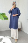 Düğmeli Uzun Tesettür Tunik 612139 - LACİVERT