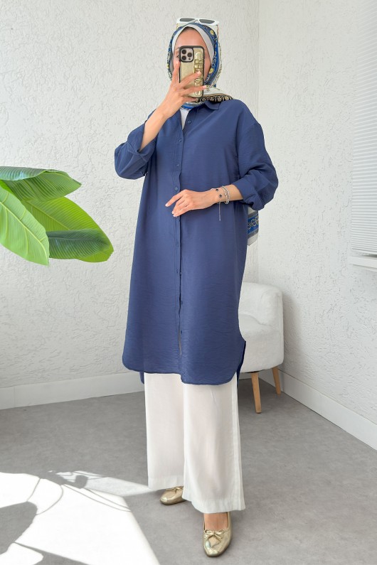 Düğmeli Uzun Tesettür Tunik 612139 - LACİVERT