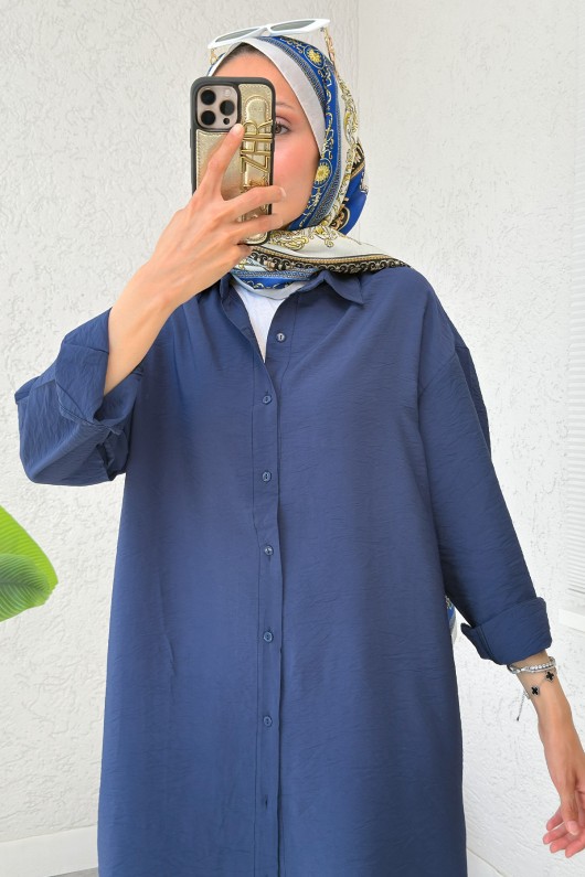 Düğmeli Uzun Tesettür Tunik 612139 - LACİVERT