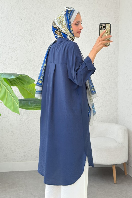 Düğmeli Uzun Tesettür Tunik 612139 - LACİVERT