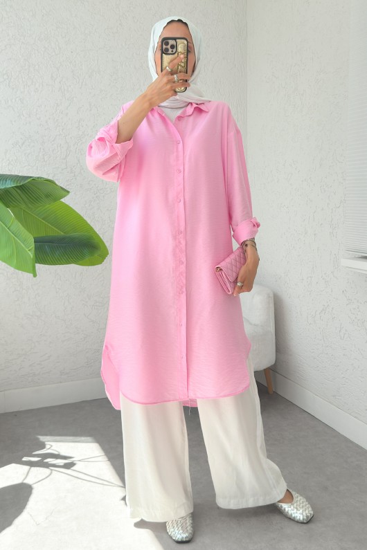Düğmeli Uzun Tesettür Tunik 612139 - PEMBE