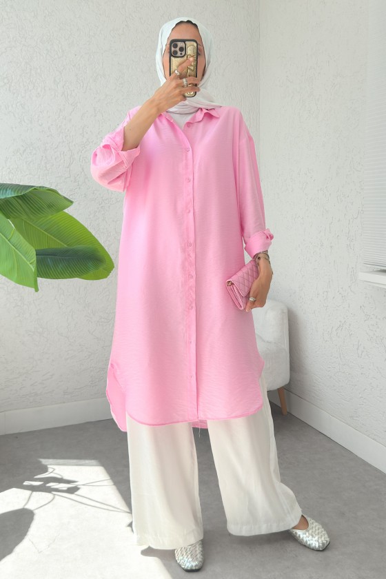 Düğmeli Uzun Tesettür Tunik 612139 - PEMBE