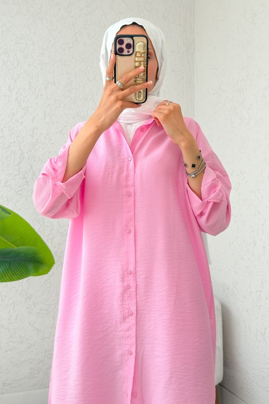 Düğmeli Uzun Tesettür Tunik 612139 - PEMBE